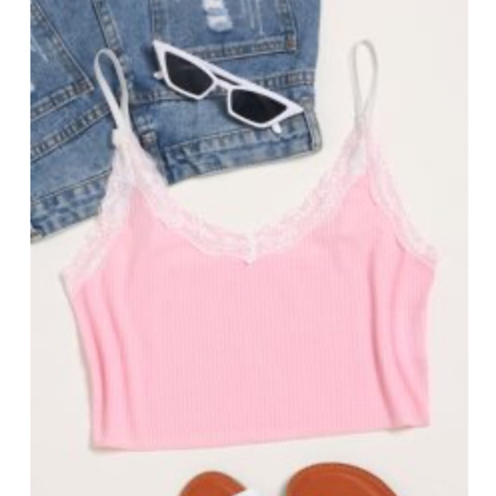 SHEIN Pink Lace Trim Tank Top
